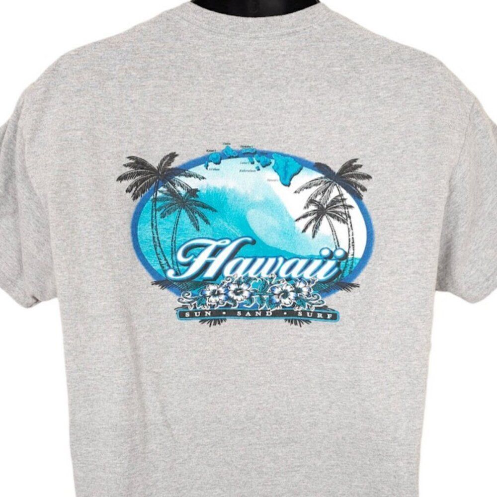 Hawaii Surfing T Shirt Mens Size Large Gray Hawaiian Palm Trees Destination